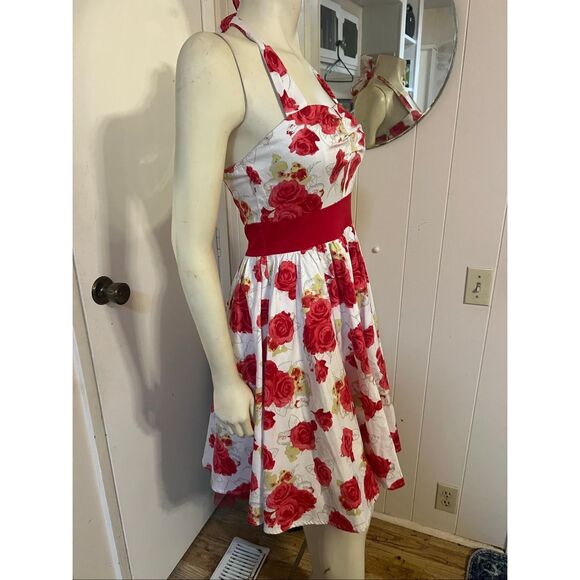 Hearts & Roses London Bianca Halter Dress red rose print rockabilly 6 - Picture 8 of 11